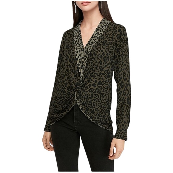 Express Women Size XS Blouse Green Black Animal Print Twist Front Long Sleeve - Picture 2 of 14